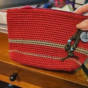 The Sak Red and Gray Crochet Cosmetic Bag